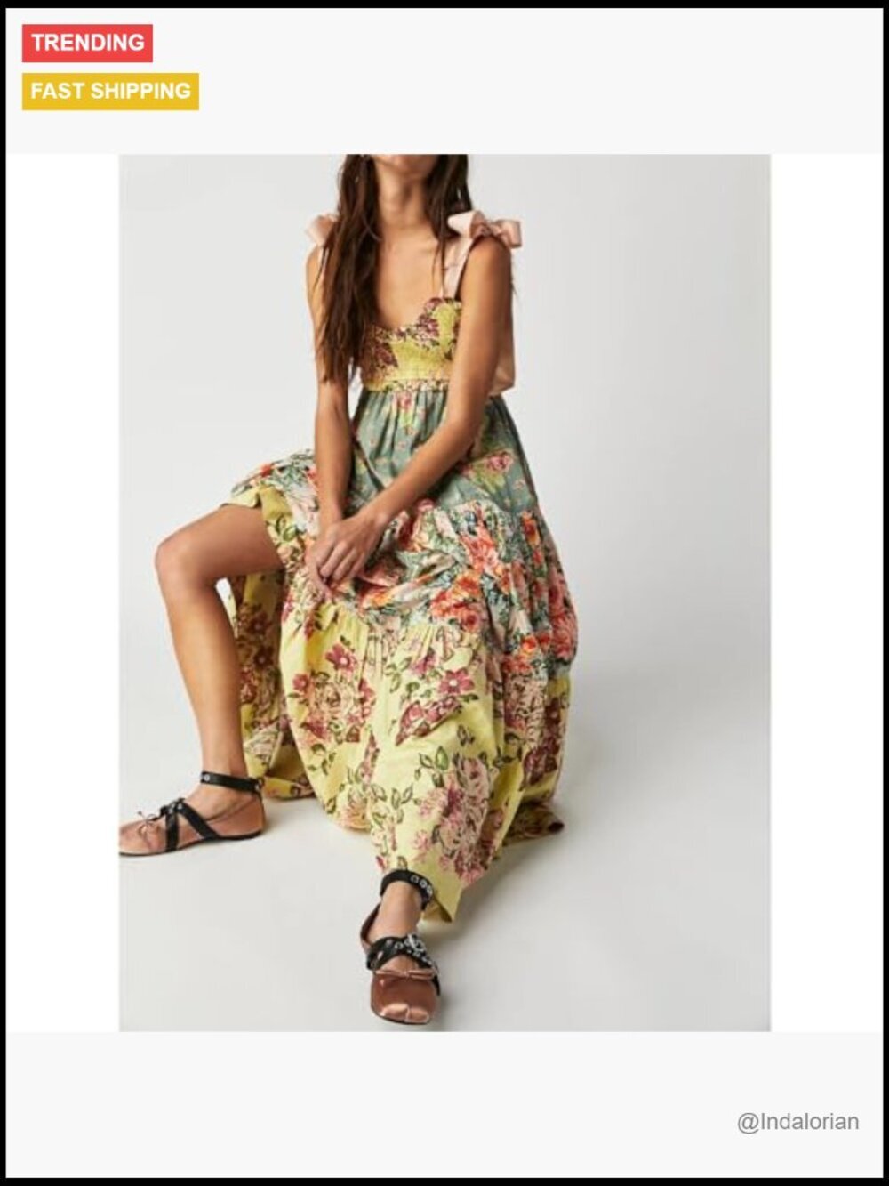 Floral Maxi Dress with Pockets Smocked Bodice Adjustable Tie Shoulder - Picture 4 of 6